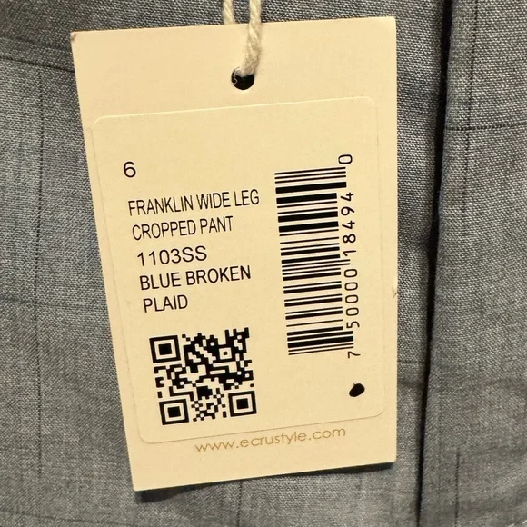 Ecru Franklin Wide Leg Cropped Pants Blue Broken Plaid Size 6 NWT - Picture 3 of 7